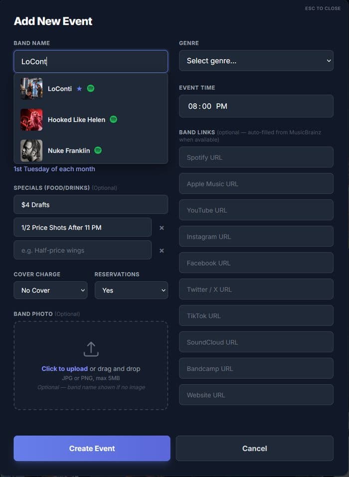 One event entry form with automatic band matching — this input generates every output