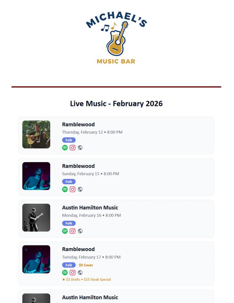 Monthly live music schedule listing shows with dates, genres, and specials